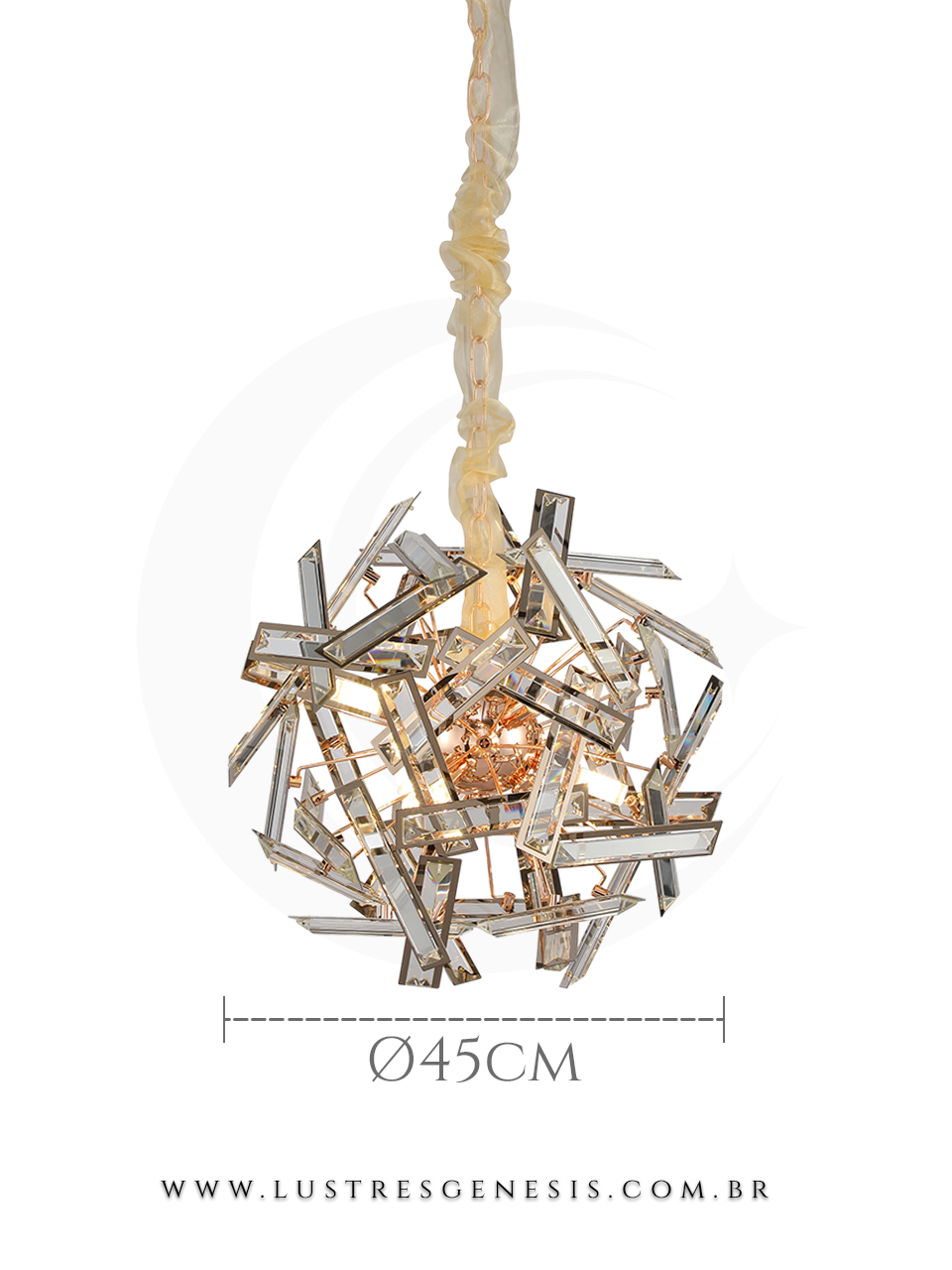 Pendente de cristal rose gold Canla de 45cm para sala de jantar, quartos, sala de estar e apartamento da marca Sindora, com design moderno e sofisticado.